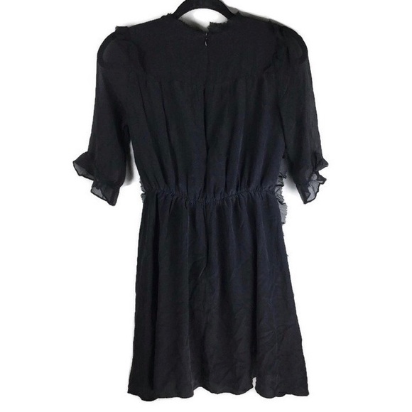 Vivienne Midow 100% Silk Ruffle Raw Trim Sheer Sleeve Black Mini Dress Size 2 - Picture 2 of 12
